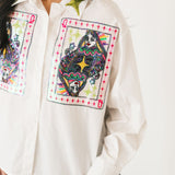 White Queen Card & Sparkle Collar Button Up Cotton Top | Queen Of Sparkles