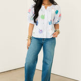 Light Blue Stripe Multi Chicken Button Up Cotton Top | Queen Of Sparkles