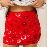 Floral Sequin Embellished Mini Skirt | Red