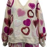 Beige Multi Doily Heart V Neck Sweatshirt