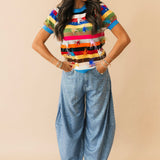 Multi Stripe Feather Short Sleeve Sweater | Queen Of Sparkles