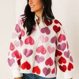 White Multi Rhinestone Hearts Button Up Cotton Top | Queen Of Sparkles
