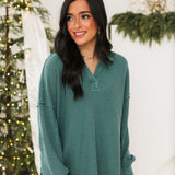 Waffle Knit V-Neck Pullover | Green