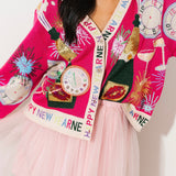 Hot Pink NYE Icon Button Up Cardigan With 'Happy New Year' Trim | Queen Of Sparkles