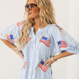 Light Blue & White Striped American Flag Cotton Button Up Midi Dress | Queen Of Sparkles