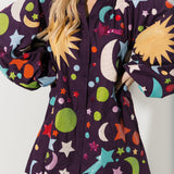 Dark Purple Multi Galaxy Button Up Cotton Bubble Sleeve Dress | Queen Of Sparkles