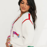 White & Rainbow Jewel Trim Button Up Cardigan | Queen Of Sparkles