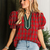 Pine & Plaid Puff Sleeve Top
