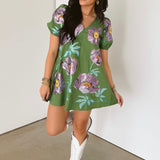 Green & Purple Poof Sleeve Flower Cotton Dress | Queen Of Sparkles