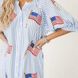 Light Blue & White Striped American Flag Cotton Button Up Midi Dress | Queen Of Sparkles