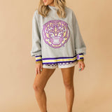 Licensed LSU Grey Gingham Mascot Mock Neck Sweatshirt | Queen Of Sparkles