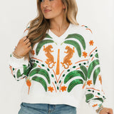 White Palm Tree & Jaguar V Neck Sweatshirt | Queen Of Sparkles