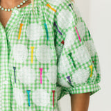 Green & White Gingham Golf Ball & Golf Tee Button Up Cotton Top | Queen Of Sparkles