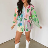 Striped Colorblock Sequin Tulip Button Up Cotton Long Sleeve Top | Queen Of Sparkles