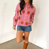 Red & White Gingham Beaded Strawberry Button Up Cotton Long Sleeve Top | Queen Of Sparkles