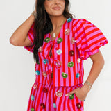 Hot Pink Stripe Sequin Flower Cotton Tie Top | Queen Of Sparkles