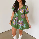 Green & Purple Poof Sleeve Flower Cotton Dress | Queen Of Sparkles