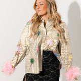 Gold Stripe Multi Sparkler Button Up Top With Pink Feather Sleeve | Queen Of Sparkles