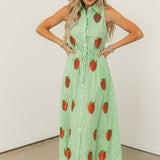 Green & White Gingham Beaded Strawberry Button Up Collar Midi Dress | Queen Of Sparkles