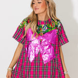 Pink Plaid Metallic Wreath Short Sleeve Cotton Dress | Queen Of Sparkles