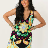 Black & Neon Paisley Print V Neck Tank Dress | Queen Of Sparkles