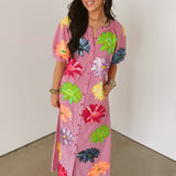 Pink Gingham Multi Flower Button Up Cotton Midi Dress | Queen Of Sparkles