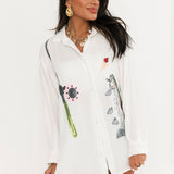 White Fishing Pole With Hooked Fish Gauze Button Up Collar Dress | Queen Of Sparkles