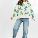 Beige Green & Blue Crawling Tigers Sweatshirt | Queen Of Sparkles