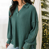 Waffle Knit V-Neck Pullover | Green