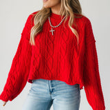 Cropped Cable Knit Sweater | Red