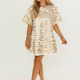 White Denim With Gold Tiger Short Sleeve Dress | Queen Of Sparkles