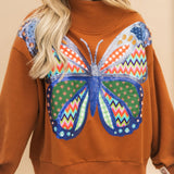 Brown Patchwork Butterfly Mock Neck Sweatshirt | Queen Of Sparkles