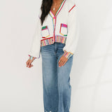White & Rainbow Jewel Trim Button Up Cardigan | Queen Of Sparkles