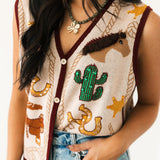 Beige Multi Western Icon Knit Button Up Vest | Queen Of Sparkles