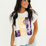Licensed LSU Metallic Word With Icons Tee | Queen Of Sparkles