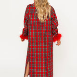 Red & Green Plaid Feather Sleeve Button Up Midi Dress | Queen Of Sparkles