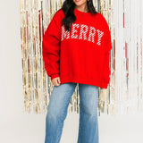 Merry Embroidered Mock Neck Sweatshirt | Red