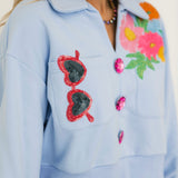 Dusty Blue Jewel Button Flower & Sunglasses in Pocket Collar Sweatshirt | Queen Of Sparkles
