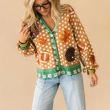 Light Brown Polka Dot Fall Football Button Up Cardigan | Queen Of Sparkles