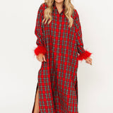 Red & Green Plaid Feather Sleeve Button Up Midi Dress | Queen Of Sparkles
