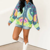 Denim & Neon Paisley Print Button Up Long Sleeve Top | Queen Of Sparkles