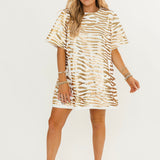 White Denim With Gold Tiger Short Sleeve Dress | Queen Of Sparkles