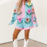 Pink & Blue Striped Cinco Flowers Short | Queen Of Sparkles