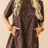 Brown Multi Rhinestone Cotton Short Sleeve Dress | Queen Of Sparkles