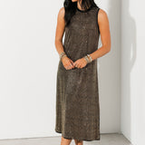 Black & Gold Full Rhinestone Active Midi Dress | Queen Of Sparkles