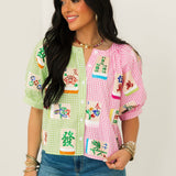 Colorblock Gingham Mahjong Tile Button Up Top | Queen Of Sparkles