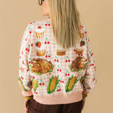 Light Pink Checkered Thanksgiving Dinner & Cherry Cardigan | Queen Of Sparkles