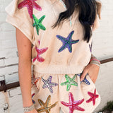 Beige Terry Cloth Beaded Starfish Zip Collar Top | Queen Of Sparkles