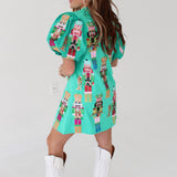 Spearmint Nutcracker Band Poof Sleeve Dress