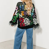 Black Multi 'Happy New Year 2026' Feather Sleeve Sweater | Queen Of Sparkles